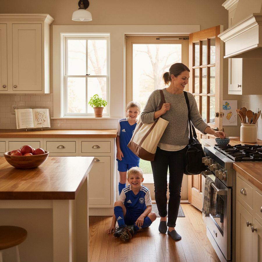Mom and kids arriving home to a spotless kitchen — Savannah home cleaning by Live Oak